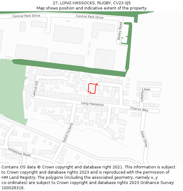 27, LONG HASSOCKS, RUGBY, CV23 0JS: Location map and indicative extent of plot