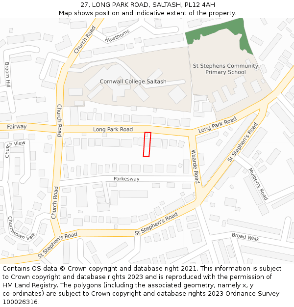 27, LONG PARK ROAD, SALTASH, PL12 4AH: Location map and indicative extent of plot