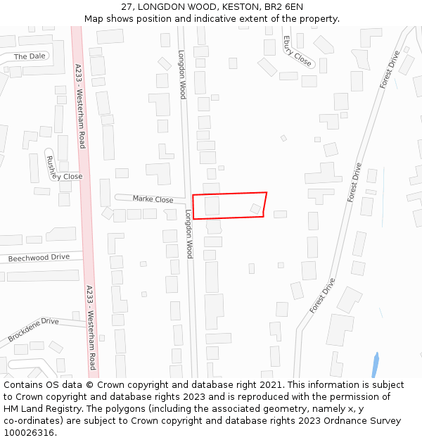 27, LONGDON WOOD, KESTON, BR2 6EN: Location map and indicative extent of plot