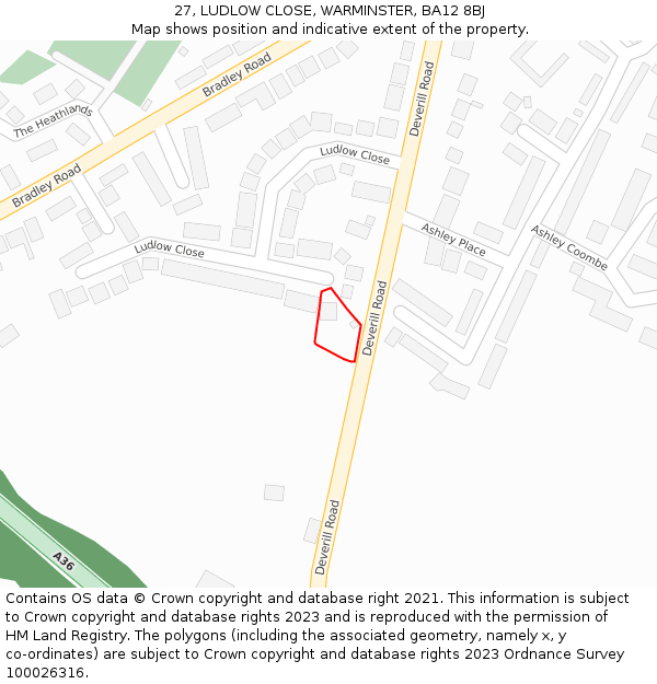 27, LUDLOW CLOSE, WARMINSTER, BA12 8BJ: Location map and indicative extent of plot