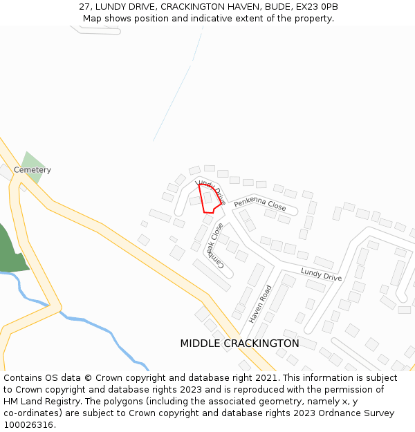 27, LUNDY DRIVE, CRACKINGTON HAVEN, BUDE, EX23 0PB: Location map and indicative extent of plot