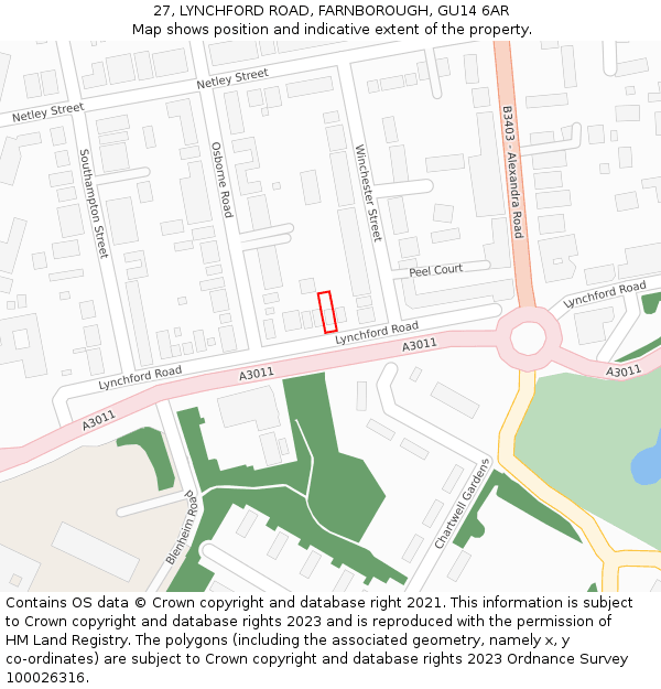 27, LYNCHFORD ROAD, FARNBOROUGH, GU14 6AR: Location map and indicative extent of plot