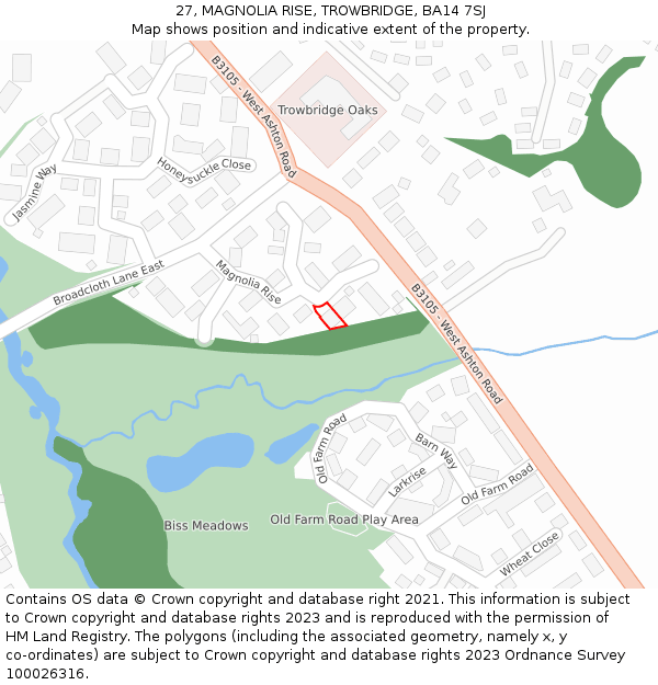 27, MAGNOLIA RISE, TROWBRIDGE, BA14 7SJ: Location map and indicative extent of plot