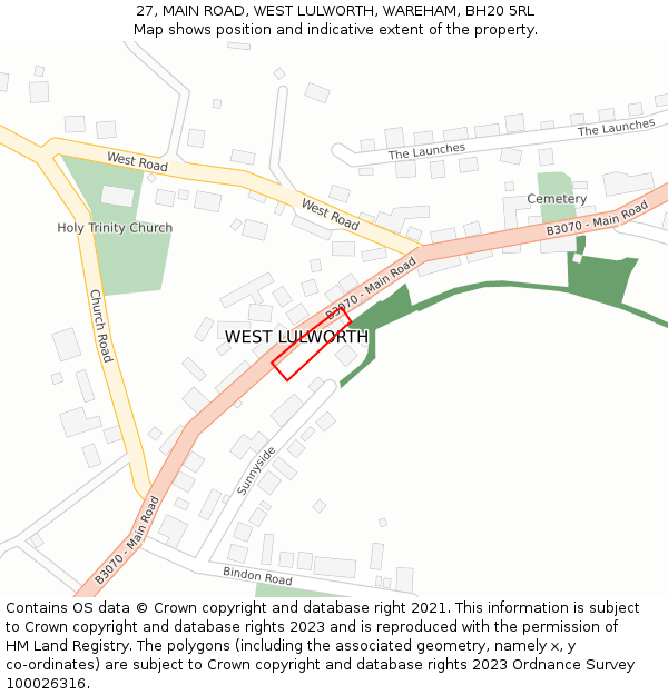 27, MAIN ROAD, WEST LULWORTH, WAREHAM, BH20 5RL: Location map and indicative extent of plot