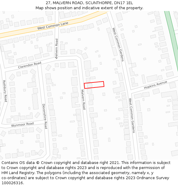 27, MALVERN ROAD, SCUNTHORPE, DN17 1EL: Location map and indicative extent of plot