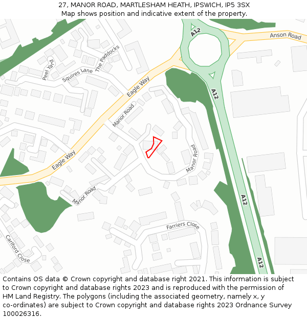 27, MANOR ROAD, MARTLESHAM HEATH, IPSWICH, IP5 3SX: Location map and indicative extent of plot