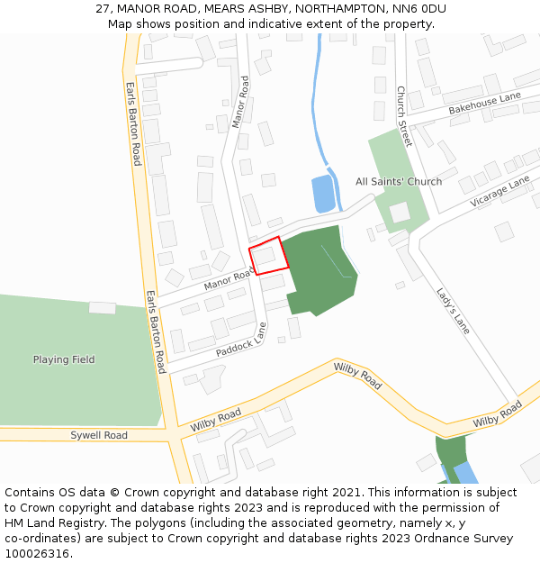 27, MANOR ROAD, MEARS ASHBY, NORTHAMPTON, NN6 0DU: Location map and indicative extent of plot