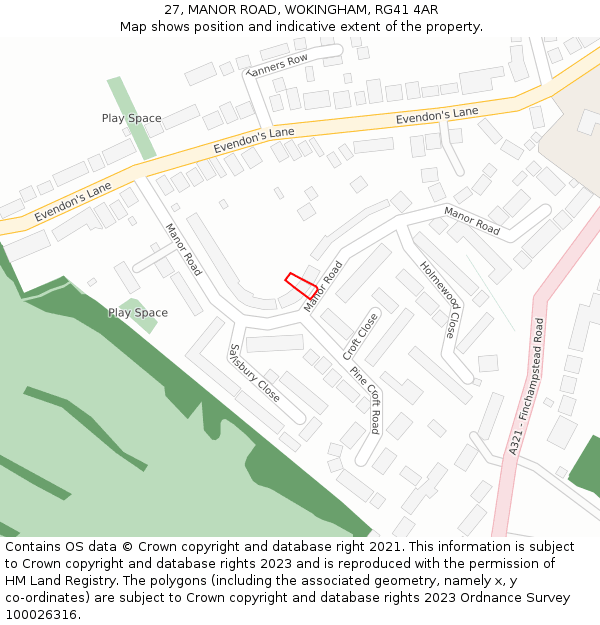 27, MANOR ROAD, WOKINGHAM, RG41 4AR: Location map and indicative extent of plot
