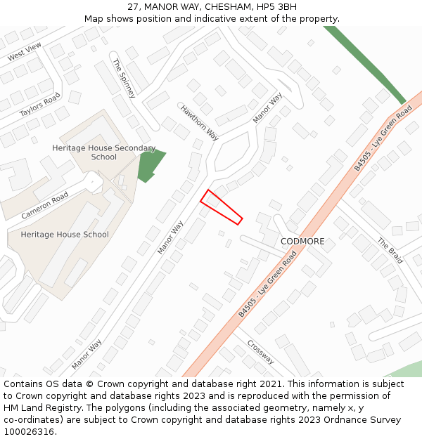 27, MANOR WAY, CHESHAM, HP5 3BH: Location map and indicative extent of plot