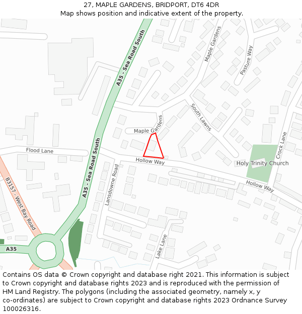 27, MAPLE GARDENS, BRIDPORT, DT6 4DR: Location map and indicative extent of plot