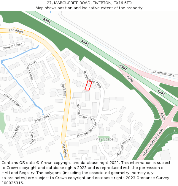 27, MARGUERITE ROAD, TIVERTON, EX16 6TD: Location map and indicative extent of plot