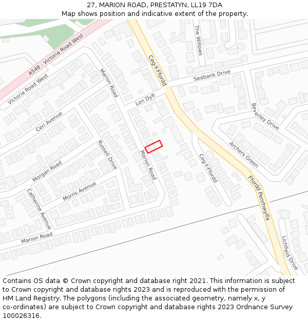 27, MARION ROAD, PRESTATYN, LL19 7DA: Location map and indicative extent of plot