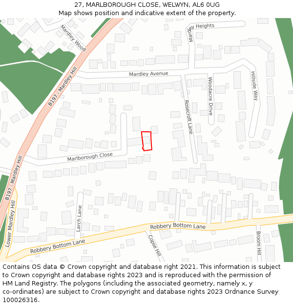 27, MARLBOROUGH CLOSE, WELWYN, AL6 0UG: Location map and indicative extent of plot