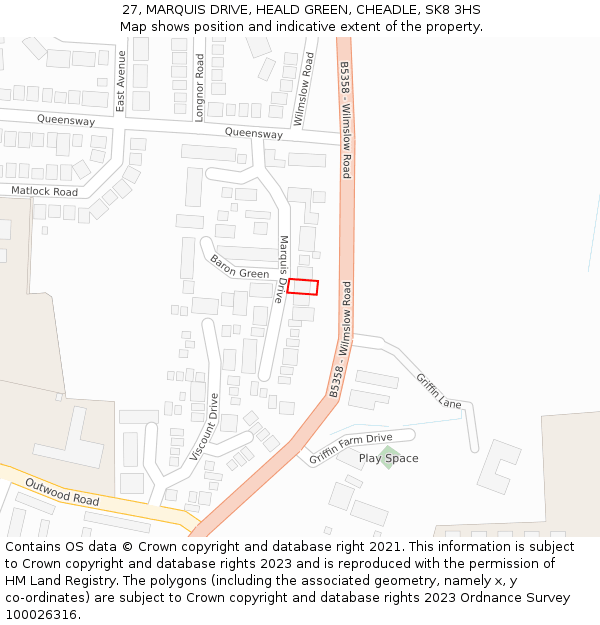 27, MARQUIS DRIVE, HEALD GREEN, CHEADLE, SK8 3HS: Location map and indicative extent of plot