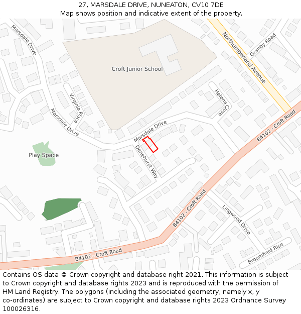27, MARSDALE DRIVE, NUNEATON, CV10 7DE: Location map and indicative extent of plot