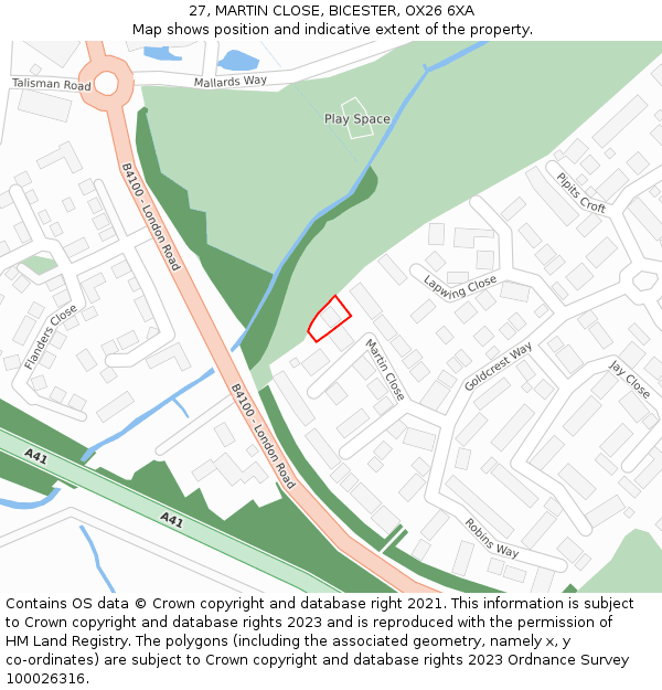 27, MARTIN CLOSE, BICESTER, OX26 6XA: Location map and indicative extent of plot