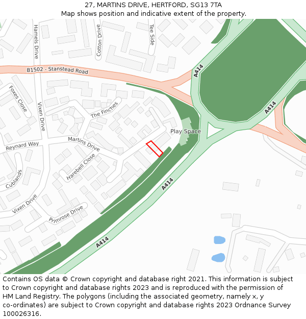 27, MARTINS DRIVE, HERTFORD, SG13 7TA: Location map and indicative extent of plot