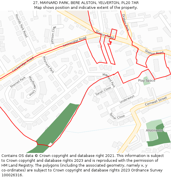 27, MAYNARD PARK, BERE ALSTON, YELVERTON, PL20 7AR: Location map and indicative extent of plot