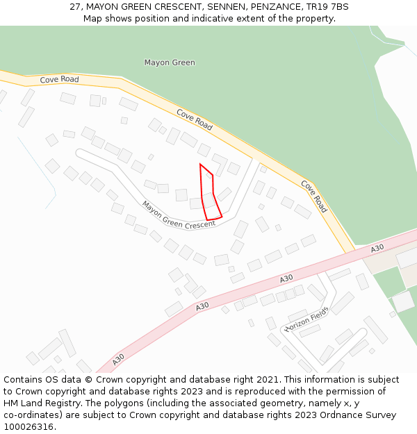 27, MAYON GREEN CRESCENT, SENNEN, PENZANCE, TR19 7BS: Location map and indicative extent of plot