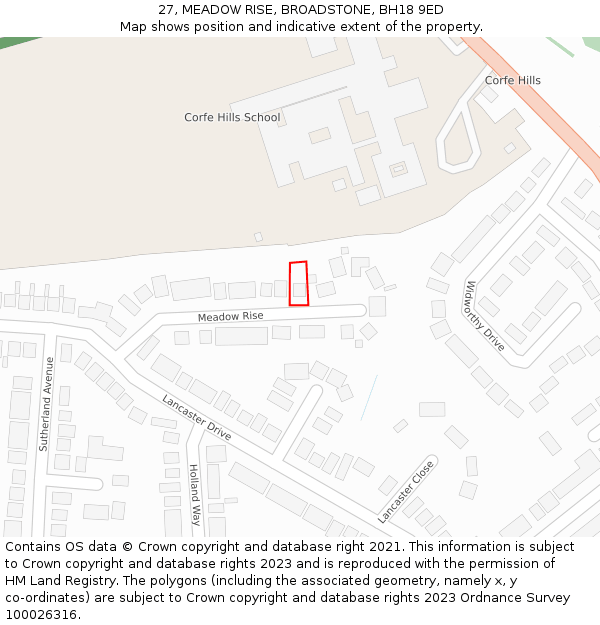 27, MEADOW RISE, BROADSTONE, BH18 9ED: Location map and indicative extent of plot