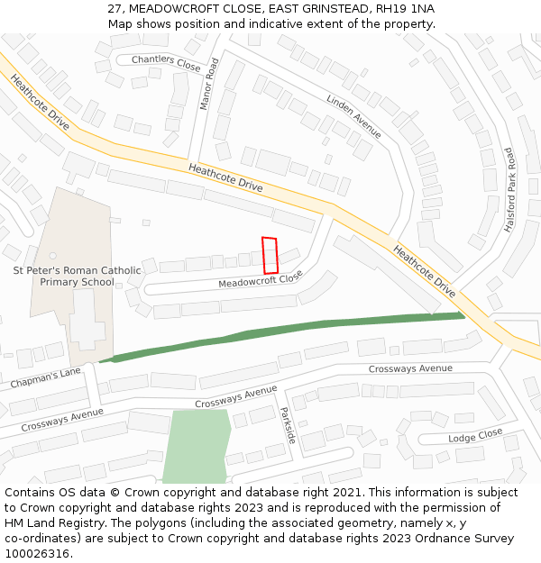 27, MEADOWCROFT CLOSE, EAST GRINSTEAD, RH19 1NA: Location map and indicative extent of plot