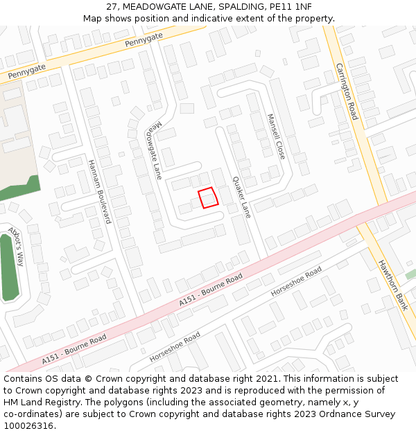 27, MEADOWGATE LANE, SPALDING, PE11 1NF: Location map and indicative extent of plot