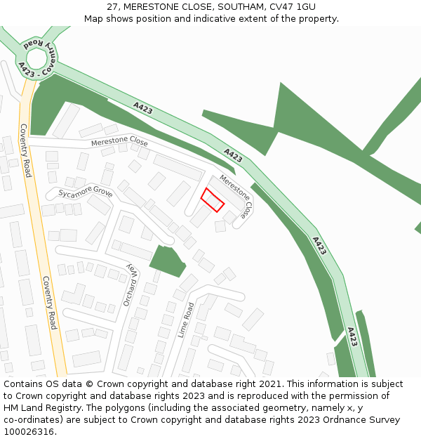 27, MERESTONE CLOSE, SOUTHAM, CV47 1GU: Location map and indicative extent of plot