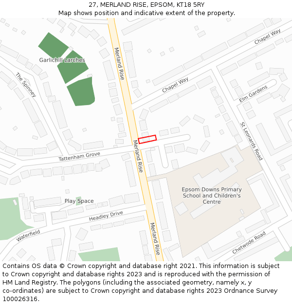 27, MERLAND RISE, EPSOM, KT18 5RY: Location map and indicative extent of plot