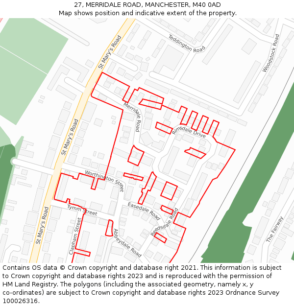 27, MERRIDALE ROAD, MANCHESTER, M40 0AD: Location map and indicative extent of plot