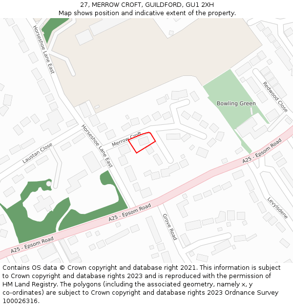 27, MERROW CROFT, GUILDFORD, GU1 2XH: Location map and indicative extent of plot