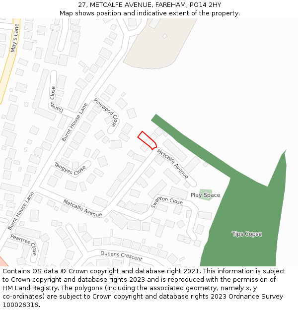 27, METCALFE AVENUE, FAREHAM, PO14 2HY: Location map and indicative extent of plot