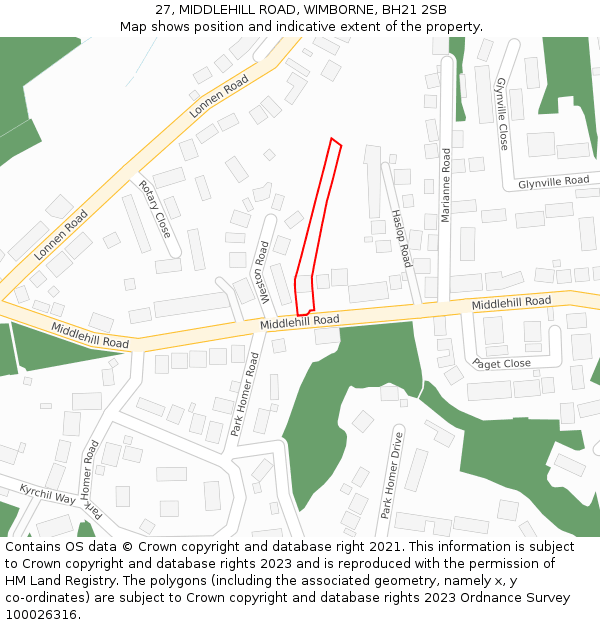 27, MIDDLEHILL ROAD, WIMBORNE, BH21 2SB: Location map and indicative extent of plot