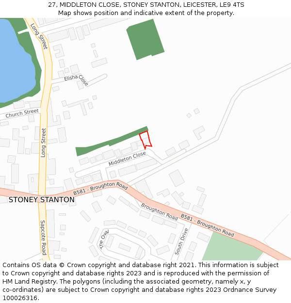 27, MIDDLETON CLOSE, STONEY STANTON, LEICESTER, LE9 4TS: Location map and indicative extent of plot