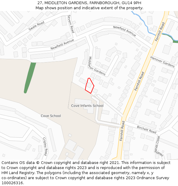 27, MIDDLETON GARDENS, FARNBOROUGH, GU14 9PH: Location map and indicative extent of plot