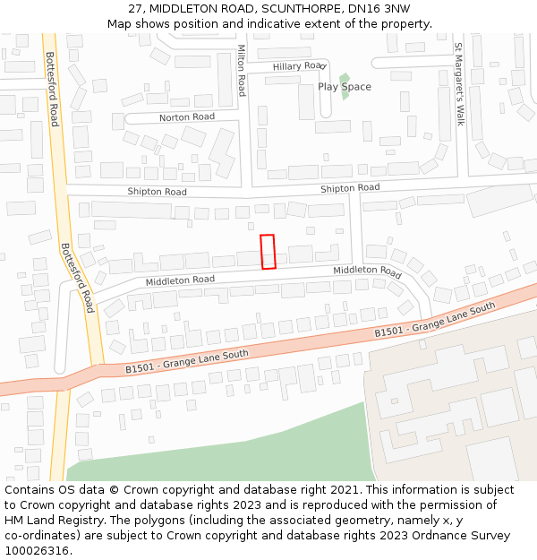 27, MIDDLETON ROAD, SCUNTHORPE, DN16 3NW: Location map and indicative extent of plot