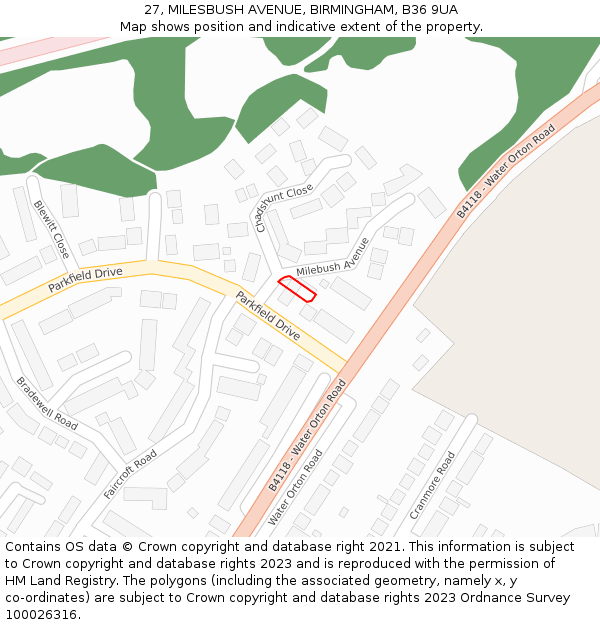 27, MILESBUSH AVENUE, BIRMINGHAM, B36 9UA: Location map and indicative extent of plot