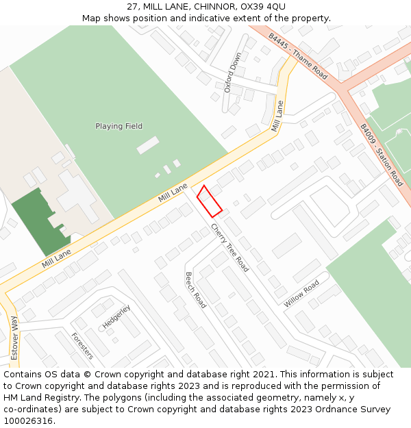 27, MILL LANE, CHINNOR, OX39 4QU: Location map and indicative extent of plot