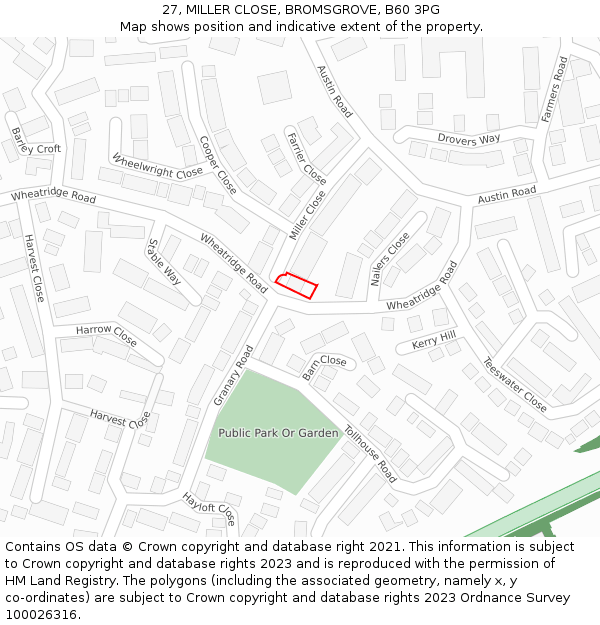 27, MILLER CLOSE, BROMSGROVE, B60 3PG: Location map and indicative extent of plot