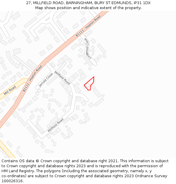 27, MILLFIELD ROAD, BARNINGHAM, BURY ST EDMUNDS, IP31 1DX: Location map and indicative extent of plot