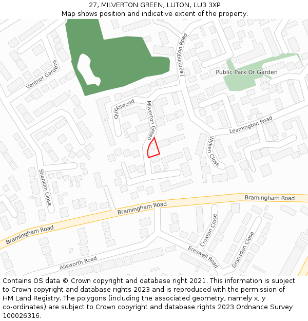 27, MILVERTON GREEN, LUTON, LU3 3XP: Location map and indicative extent of plot