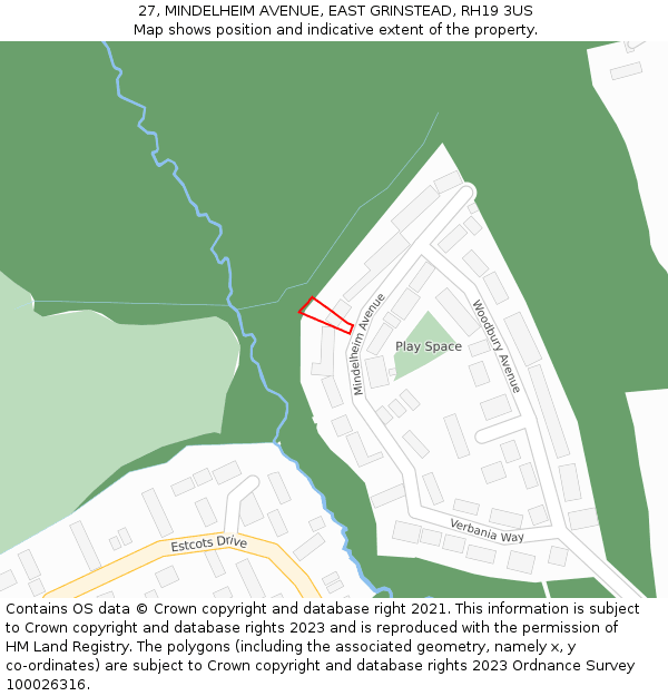 27, MINDELHEIM AVENUE, EAST GRINSTEAD, RH19 3US: Location map and indicative extent of plot
