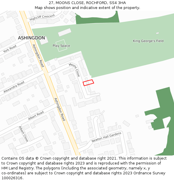 27, MOONS CLOSE, ROCHFORD, SS4 3HA: Location map and indicative extent of plot