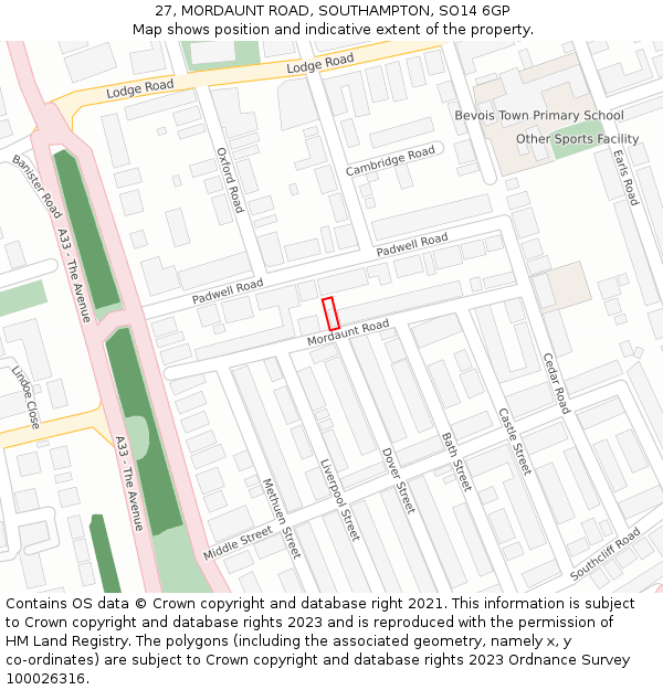 27, MORDAUNT ROAD, SOUTHAMPTON, SO14 6GP: Location map and indicative extent of plot