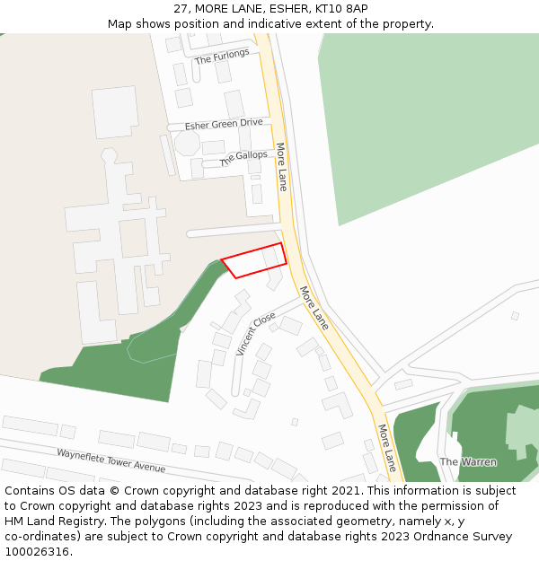 27, MORE LANE, ESHER, KT10 8AP: Location map and indicative extent of plot
