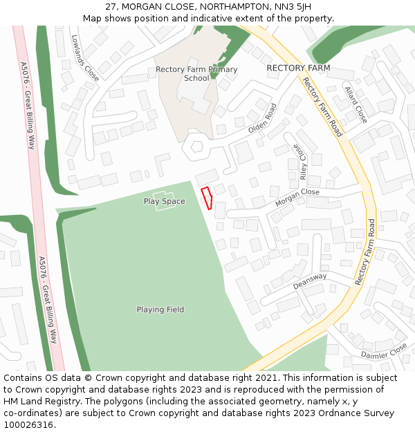 27, MORGAN CLOSE, NORTHAMPTON, NN3 5JH: Location map and indicative extent of plot
