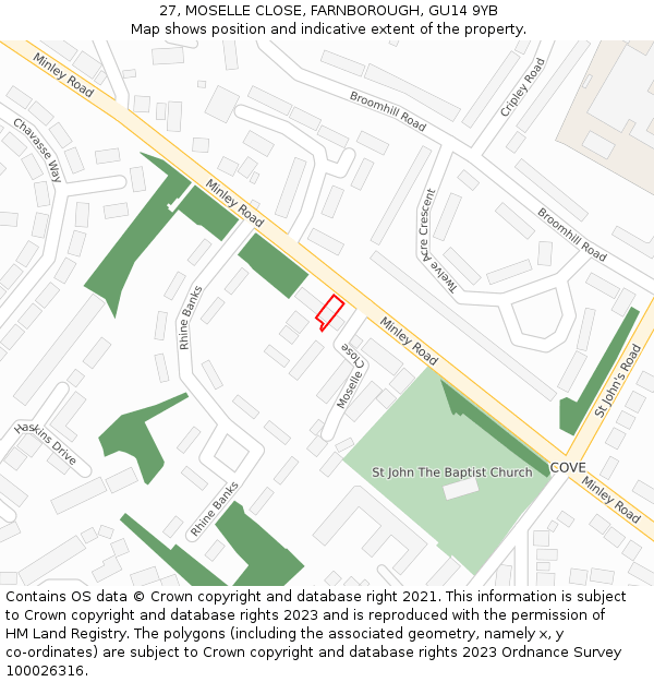 27, MOSELLE CLOSE, FARNBOROUGH, GU14 9YB: Location map and indicative extent of plot