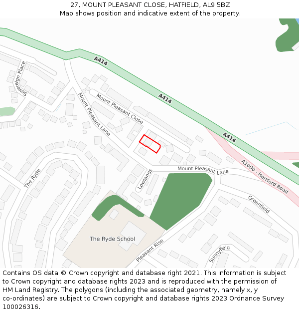 27, MOUNT PLEASANT CLOSE, HATFIELD, AL9 5BZ: Location map and indicative extent of plot