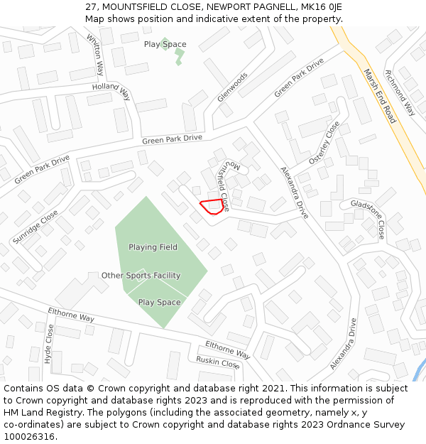 27, MOUNTSFIELD CLOSE, NEWPORT PAGNELL, MK16 0JE: Location map and indicative extent of plot