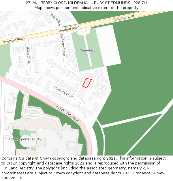 27, MULBERRY CLOSE, MILDENHALL, BURY ST EDMUNDS, IP28 7LL: Location map and indicative extent of plot