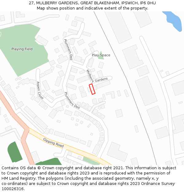 27, MULBERRY GARDENS, GREAT BLAKENHAM, IPSWICH, IP6 0HU: Location map and indicative extent of plot